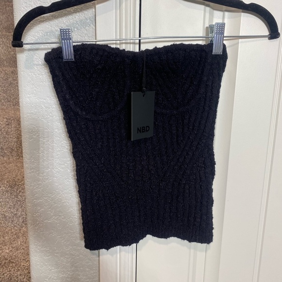 NBD Tara Boucle Knit Bustier black strapless ribbed sweater top - Picture 3 of 7